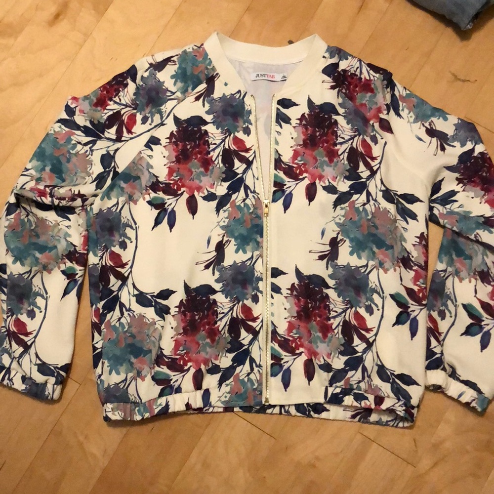 JustFab off-white floral bomber